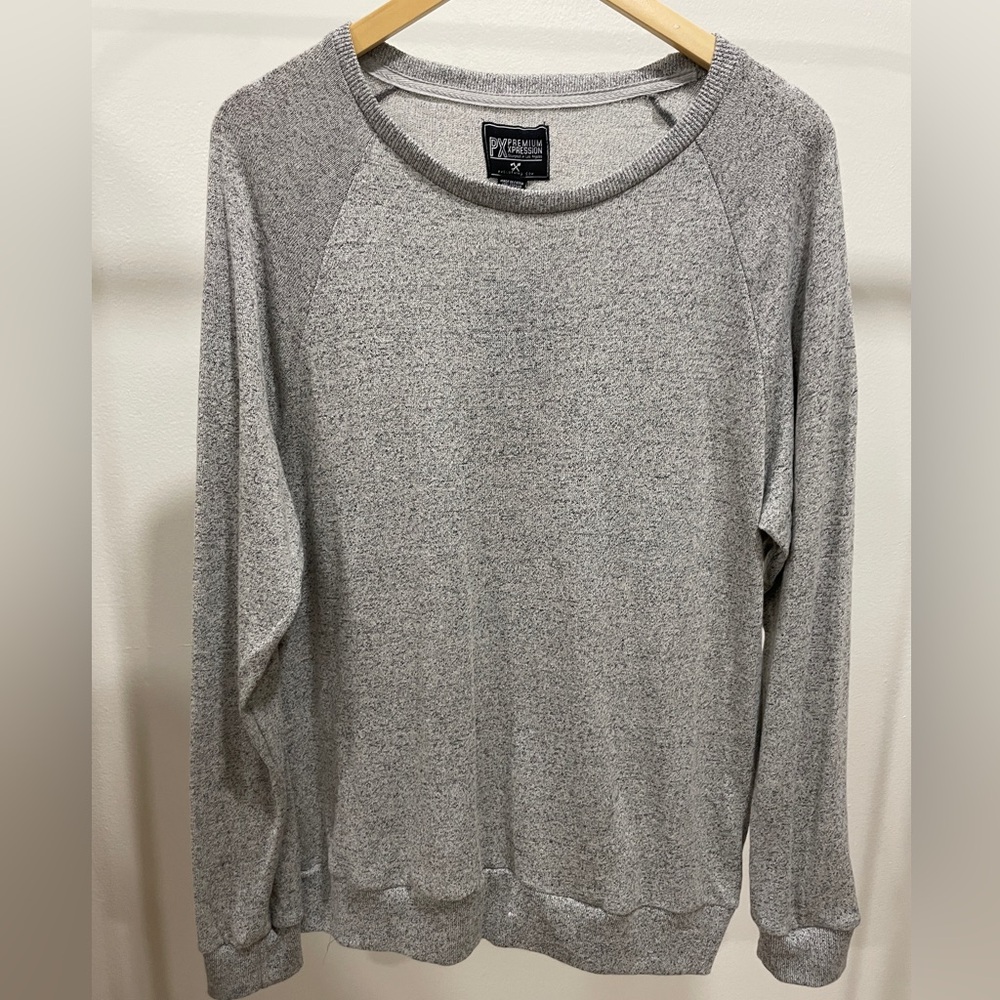 PX Men's Raglan Sweater Lightweight Stone Wash Gray Ribbed‎ Neck And Sleeves New